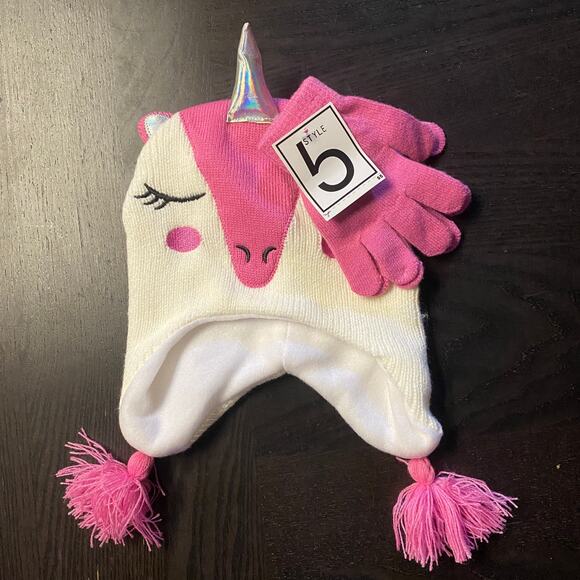 NWT Girls White Pink Unicorn Chullo Beanie Winter Hat Cap & Gloves Bundle - Picture 1 of 4